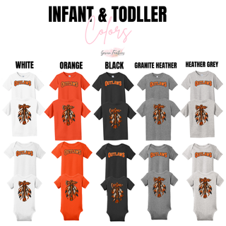 Infant and toddler color chart showing the Outlaws feathered axe front and back design on tees and bodysuits in White, Orange, Black, Granite Heather, and Heather Grey