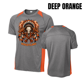 Grey heather colorblock contender tee with Deep Orange panels, front with the feathered skull and crossed axes graphic and back plain