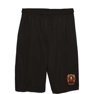 Black cooling performance shorts with the small Ogden's Outlaws Wrestling feathered skull and crossed axes logo near the leg hem