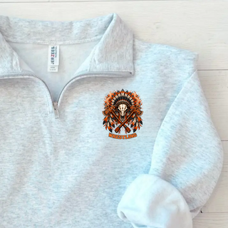 Ash Grey fleece quarter-zip with the feathered skull and crossed axes Ogden's Outlaws Wrestling logo on the left chest, close up