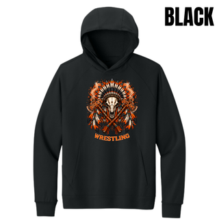 Black men's Dri-FIT Primary hoodie with a full-front feathered skull and crossed axes Ogden's Outlaws Wrestling graphic