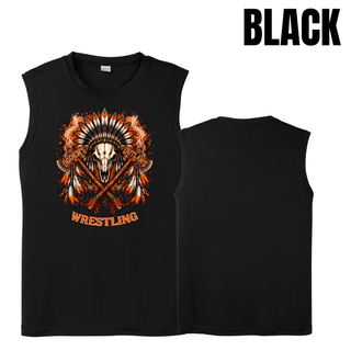 Black men's PosiCharge Competitor tank front and back with a full-front feathered skull and crossed axes graphic and a plain back