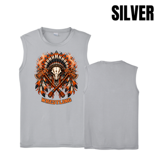 Silver men's PosiCharge Competitor tank front and back with a full-front feathered skull and crossed axes graphic and a plain back