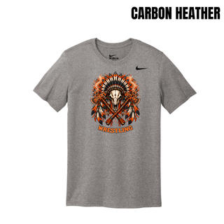 Carbon Heather men's rLegend tee with a full-front feathered skull and crossed axes Ogden's Outlaws Wrestling graphic
