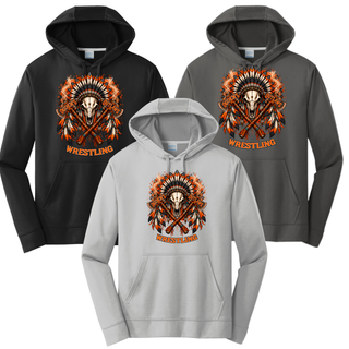 Three performance hoodies in black, silver, and charcoal with the Ogden's Outlaws Wrestling feathered bull skull and crossed axes graphic