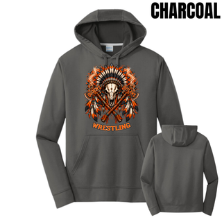 Charcoal performance hoodie front with the Ogden's Outlaws Wrestling feathered skull and crossed axes graphic, with plain back view