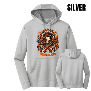 Silver performance hoodie front with the Ogden's Outlaws Wrestling feathered skull and crossed axes graphic, with plain back view