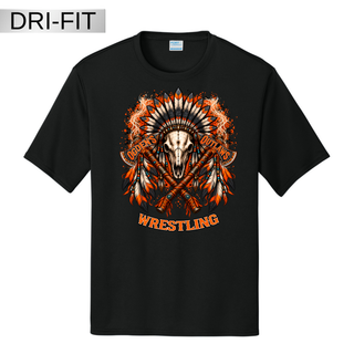 Black Dri-FIT performance tee flat lay with the Ogden's Outlaws Wrestling feathered bull skull, crossed axes, and orange WRESTLING lettering graphic