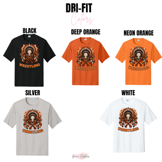 Performance tee color chart with the Ogden's Outlaws Wrestling feathered skull graphic in Black, Deep Orange, Neon Orange, Silver, and White