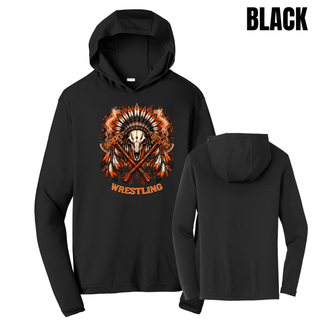 Black PosiCharge Competitor hoodie front and back with the full-front feathered skull and crossed axes graphic and a plain back