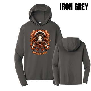Iron Grey PosiCharge Competitor hoodie front and back with the full-front feathered skull and crossed axes graphic and a plain back