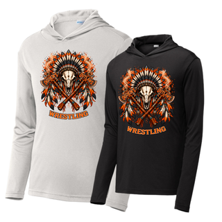 Silver and black PosiCharge Competitor hoodies with a full-front feathered skull and crossed axes Ogden's Outlaws Wrestling graphic
