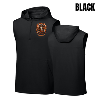 Black sleeveless hooded quarter-zip front and back with a left chest feathered skull and crossed axes logo and a plain back