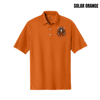 Solar Orange Tech Sport Dri-FIT polo with the Ogden's Outlaws Wrestling feathered skull and crossed axes graphic on the left chest