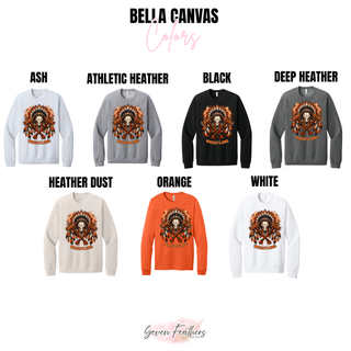 Bella Canvas crewneck color chart with the Ogden's Outlaws Wrestling feathered skull graphic in Ash, Athletic Heather, Black, Deep Heather, Heather Dust, Orange, and White