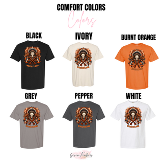Comfort Colors tee color chart with the Ogden's Outlaws Wrestling feathered skull graphic in Black, Ivory, Burnt Orange, Grey, Pepper, and White