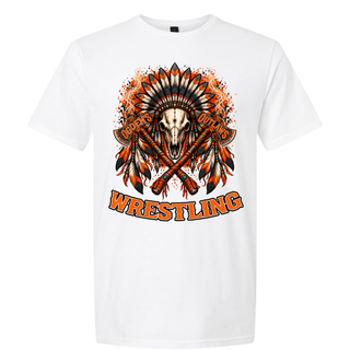 White tee flat lay with the Ogden's Outlaws Wrestling feathered bull skull, crossed axes, and orange WRESTLING lettering graphic