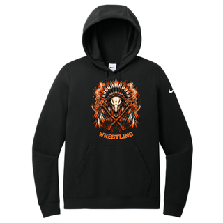 Black women's club fleece pullover hoodie with a full-front feathered skull and crossed axes Ogden's Outlaws Wrestling graphic