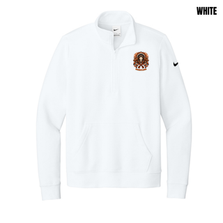White women's fleece half-zip with a left chest feathered skull and crossed axes Ogden's Outlaws Wrestling logo