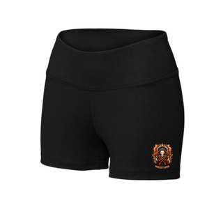 Black women's Interval performance shorts with the small Ogden's Outlaws Wrestling feathered skull and crossed axes logo near the leg hem