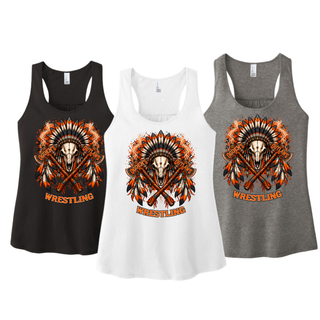 Black, White and Grey Frost women's racerback tanks with a full-front feathered skull and crossed axes graphic