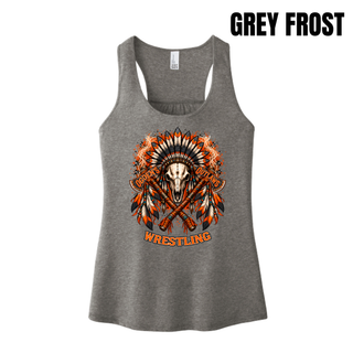 Grey Frost women's racerback tank with a full-front feathered skull and crossed axes Ogden's Outlaws Wrestling graphic