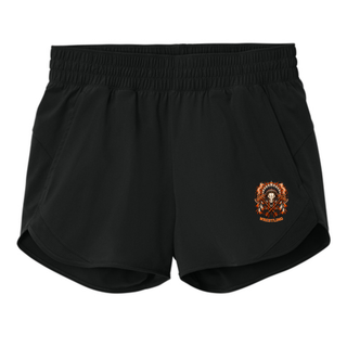 Black women's Repeat Swift shorts flat lay with a small feathered skull and crossed axes Ogden's Outlaws Wrestling logo on the lower front leg