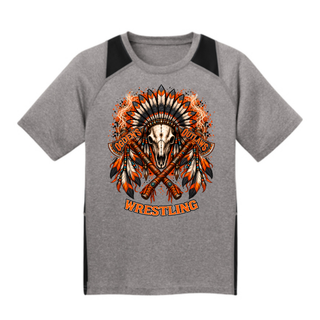 Ogden's Outlaws Wrestling feathered skull and crossed axes design on a Youth Contender tee in heather gray and black colorblock