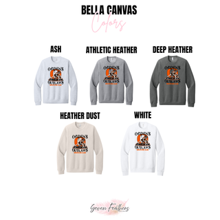 Ogden's Outlaws Wrestling girls takedown graphic design shown on Bella Canvas sweatshirts in ash, athletic heather, deep heather, heather dust, and white