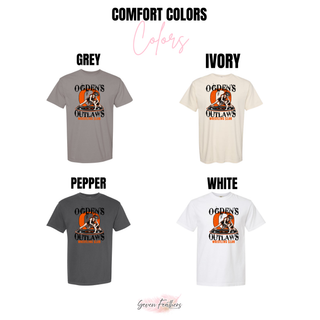 Ogden's Outlaws Wrestling girls takedown graphic design shown on Comfort Colors tees in grey, ivory, pepper, and white
