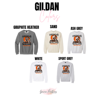 Ogden's Outlaws Wrestling girls takedown graphic design shown on Gildan garments in graphite heather, sand, ash grey, white, and sport grey