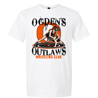 Ogden's Outlaws Wrestling girls takedown graphic design with two girl wrestlers and an orange O on a white t-shirt