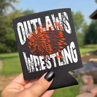 Black Ogden's Outlaws Wrestling Mat Brawler can koozie with feathered skull graphic