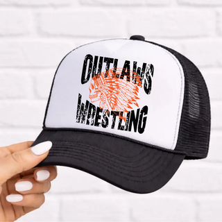 White and black Ogden's Outlaws Wrestling Mat Brawler trucker hat with orange feathered skull graphic