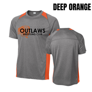 Ogden's Outlaws Wrestling Original Colorblock Contender Top in Grey Heather with Deep Orange panels, front and back