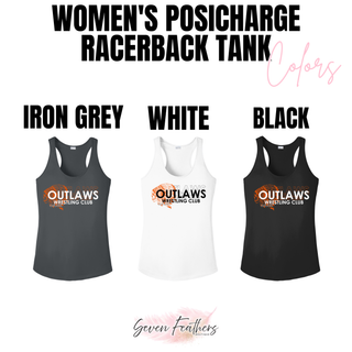 Ogden's Outlaws Wrestling Original Women's PosiCharge Racerback Tank color chart, Iron Grey, White, and Black