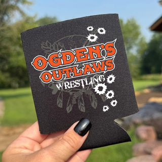 Black Ogden's Outlaws Wrestling Rustler can koozie with crossed pistols and bullet hole graphics
