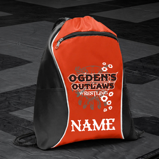 Angled view of the orange and black cinch pack with Ogden's Outlaws Wrestling Rustler design and personalizable NAME
