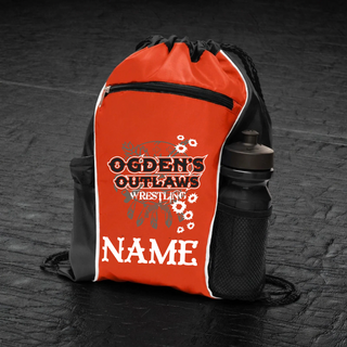 Orange and black cinch pack with Ogden's Outlaws Wrestling Rustler design and personalizable NAME on the front, water bottle in side pocket