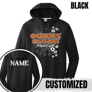 Ogden's Outlaws Wrestling Rustler Performance Hoodie in Black, front and back with name customization