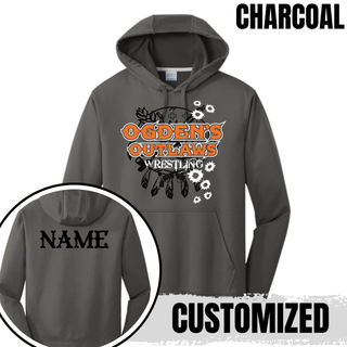 Ogden's Outlaws Wrestling Rustler Performance Hoodie in Charcoal, front and back with name customization