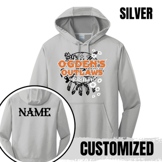 Ogden's Outlaws Wrestling Rustler Performance Hoodie in Silver, front and back with name customization