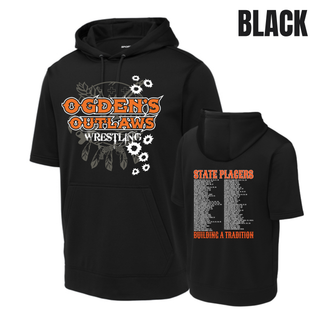 Ogden's Outlaws Wrestling State Placers 2026 Fleece Short Sleeve Hooded Pullover in Black, front and back