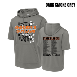 Ogden's Outlaws Wrestling State Placers 2026 Fleece Short Sleeve Hooded Pullover in Dark Smoke Grey, front and back