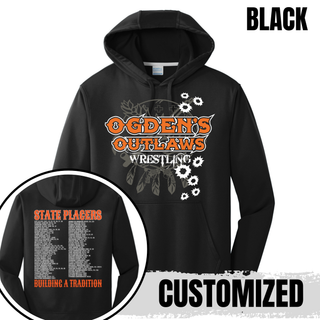 Ogden's Outlaws Wrestling State Placers 2026 Performance Hoodie in Black, with State Placers roster on back
