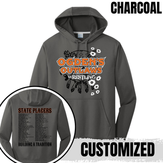 Ogden's Outlaws Wrestling State Placers 2026 Performance Hoodie in Charcoal, with State Placers roster on back