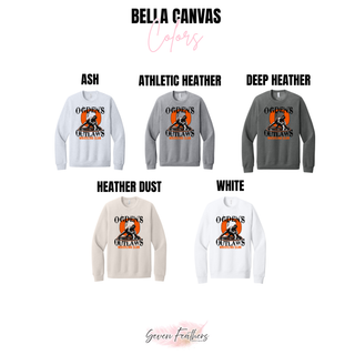 Ogden's Outlaws Wrestling takedown graphic design shown on Bella Canvas sweatshirts in ash, athletic heather, deep heather, heather dust, and white