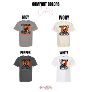 Ogden's Outlaws Wrestling takedown graphic design shown on Comfort Colors tees in grey, ivory, pepper, and white