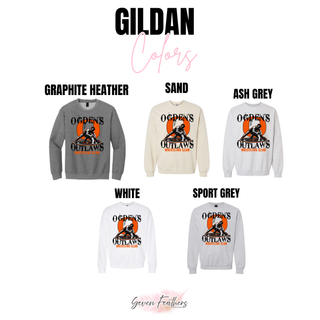 Ogden's Outlaws Wrestling takedown graphic design shown on Gildan garments in graphite heather, sand, ash grey, white, and sport grey