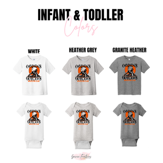 Ogden's Outlaws Wrestling takedown graphic infant and toddler tee and bodysuit in white, heather grey, and granite heather